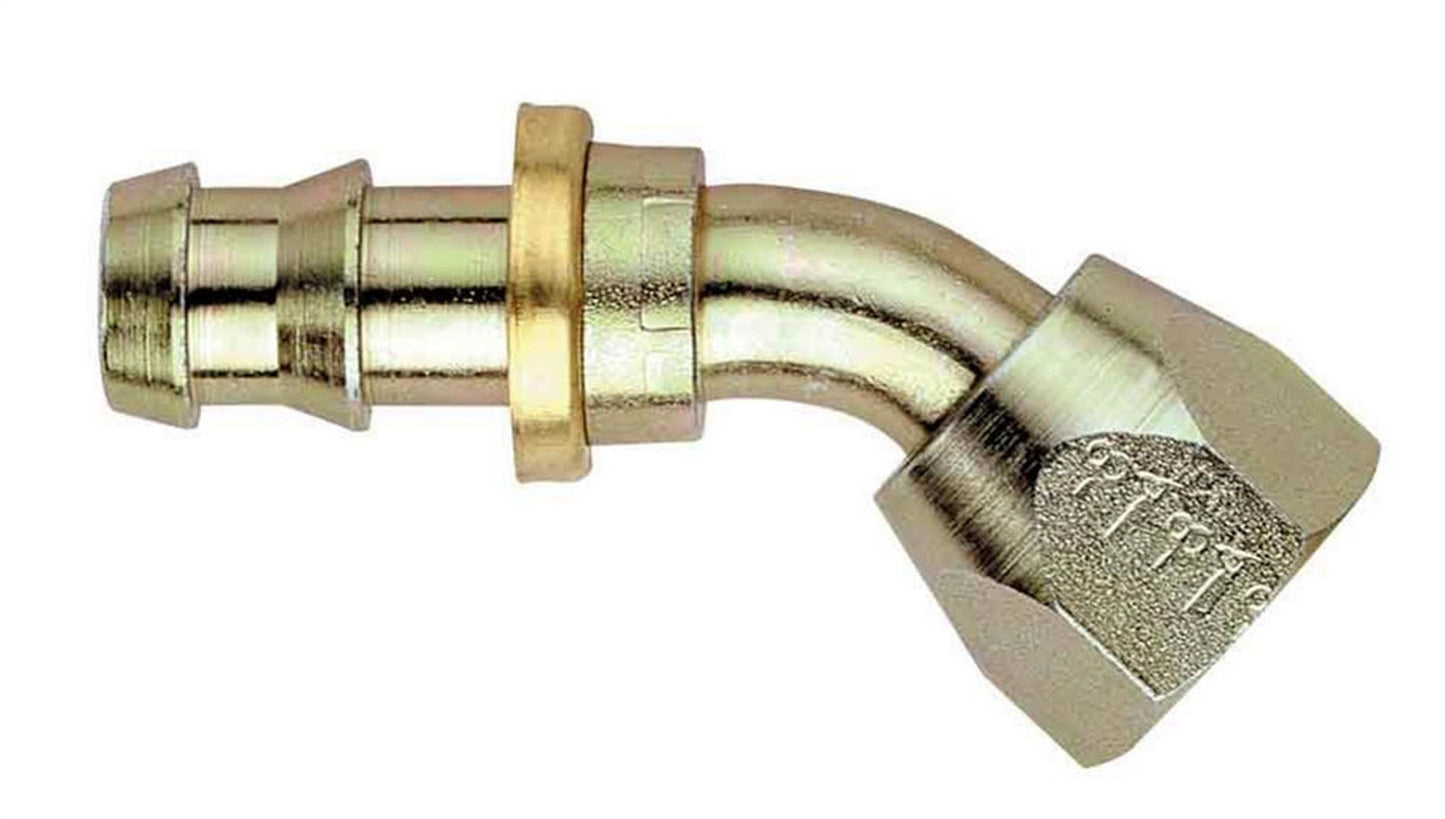 Fitting - Hose End - AQP Socketless - 45 Degree - 4 AN Hose Barb to 4 AN Female Swivel - Steel - Natural - Each