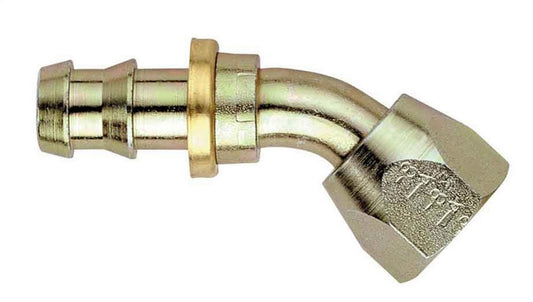 Fitting - Hose End - AQP Socketless - 45 Degree - 6 AN Hose Barb to 6 AN Female Swivel - Steel - Natural - Each