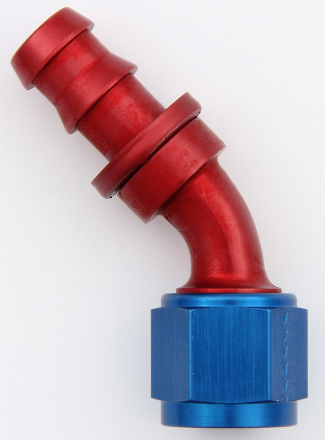 Fitting - Hose End - AQP Socketless - 45 Degree - 6 AN Hose Barb to 6 AN Female - Aluminum - Blue / Red Anodized - Each