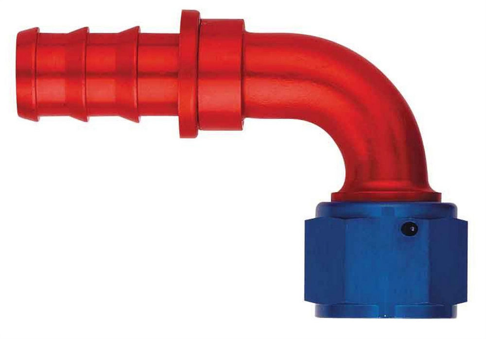 Fitting - Hose End - AQP Socketless - 90 Degree - 6 AN Hose Barb to 6 AN Female - Aluminum - Blue / Red Anodized - Each