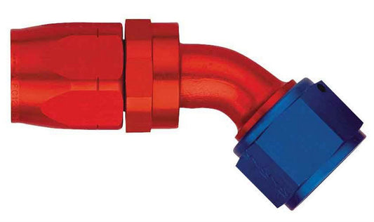 Fitting - Hose End - AQP/Startlite - 45 Degree - 8 AN Hose to 8 AN Female Swivel - Aluminum - Blue / Red Anodized - Each