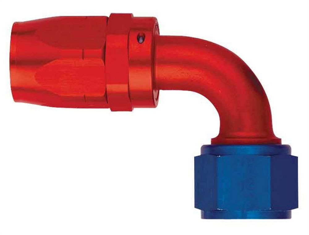 Fitting - Hose End - AQP/Startlite - 90 Degree - 6 AN Hose to 6 AN Female Swivel - Aluminum - Blue / Red Anodized - Each