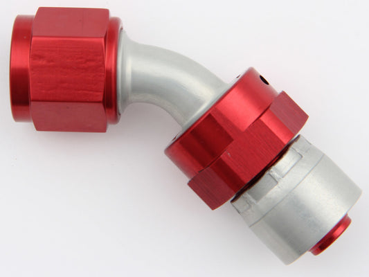 Fitting - Hose End - AQP/Startlite - 45 Degree - 6 AN Hose Crimp to 6 AN Female Swivel - Aluminum - Red / Silver - Each