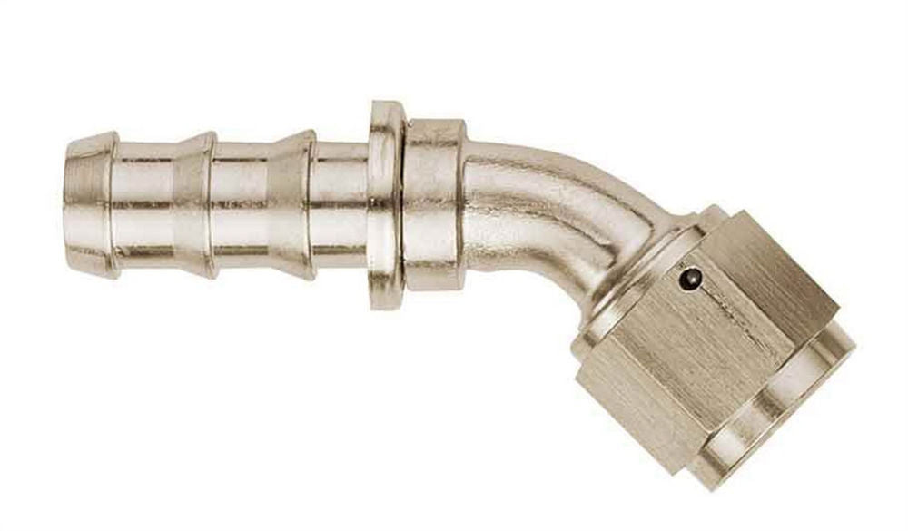 Fitting - Hose End - AQP Socketless - 45 Degree - 6 AN Hose Barb to 6 AN Female - Aluminum - Nickel Plated - Each