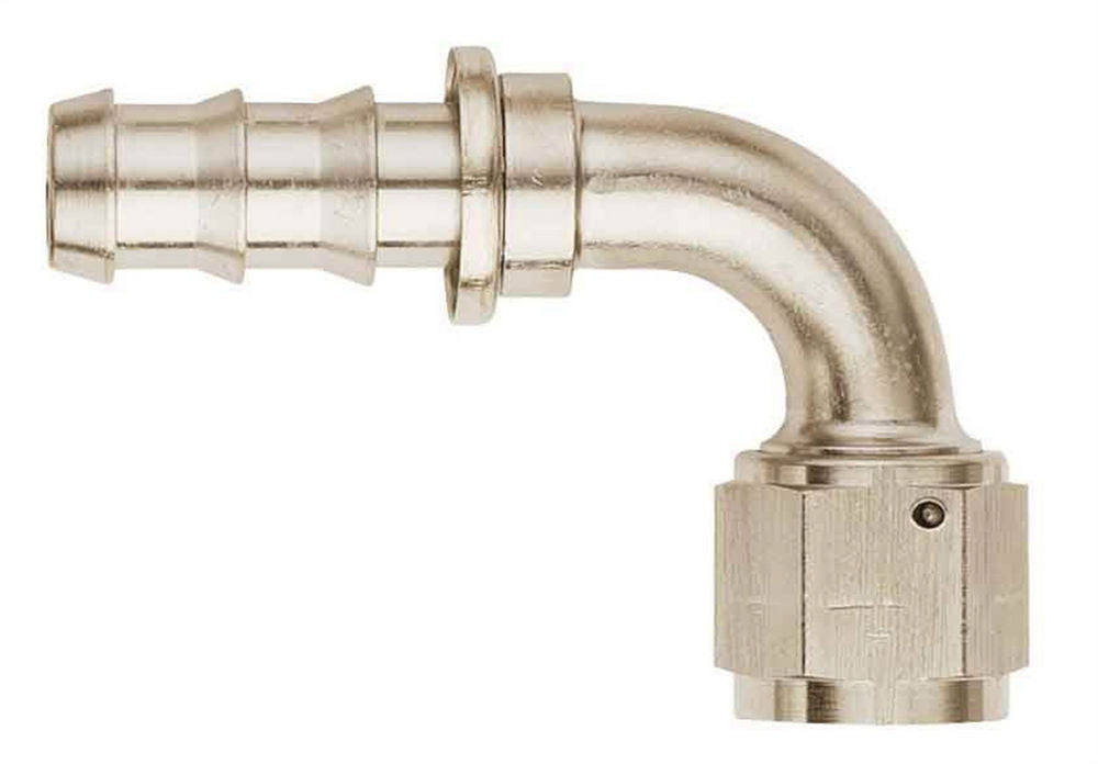 Fitting - Hose End - AQP Socketless - 90 Degree - 6 AN Hose Barb to 6 AN Female - Aluminum - Nickel Plated - Each