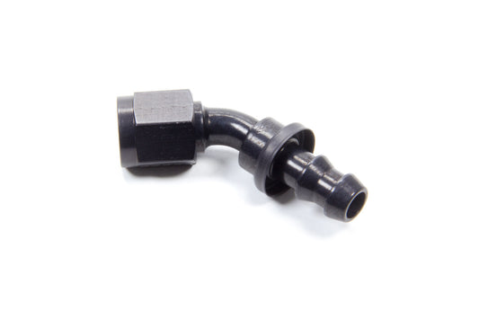 Fitting - Hose End - AQP Socketless - 45 Degree - 6 AN Hose Barb to 6 AN Female - Aluminum - Black Anodized - Each