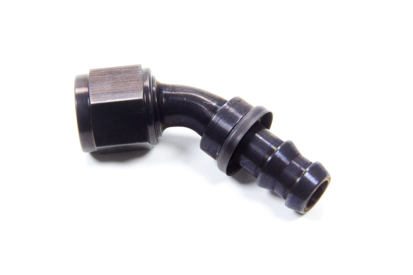 Fitting - Hose End - AQP Socketless - 45 Degree - 8 AN Hose Barb to 8 AN Female - Aluminum - Black Anodized - Each