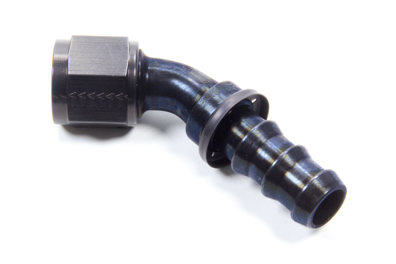 Fitting - Hose End - AQP Socketless - 45 Degree - 10 AN Hose Barb to 10 AN Female - Aluminum - Black Anodized - Each