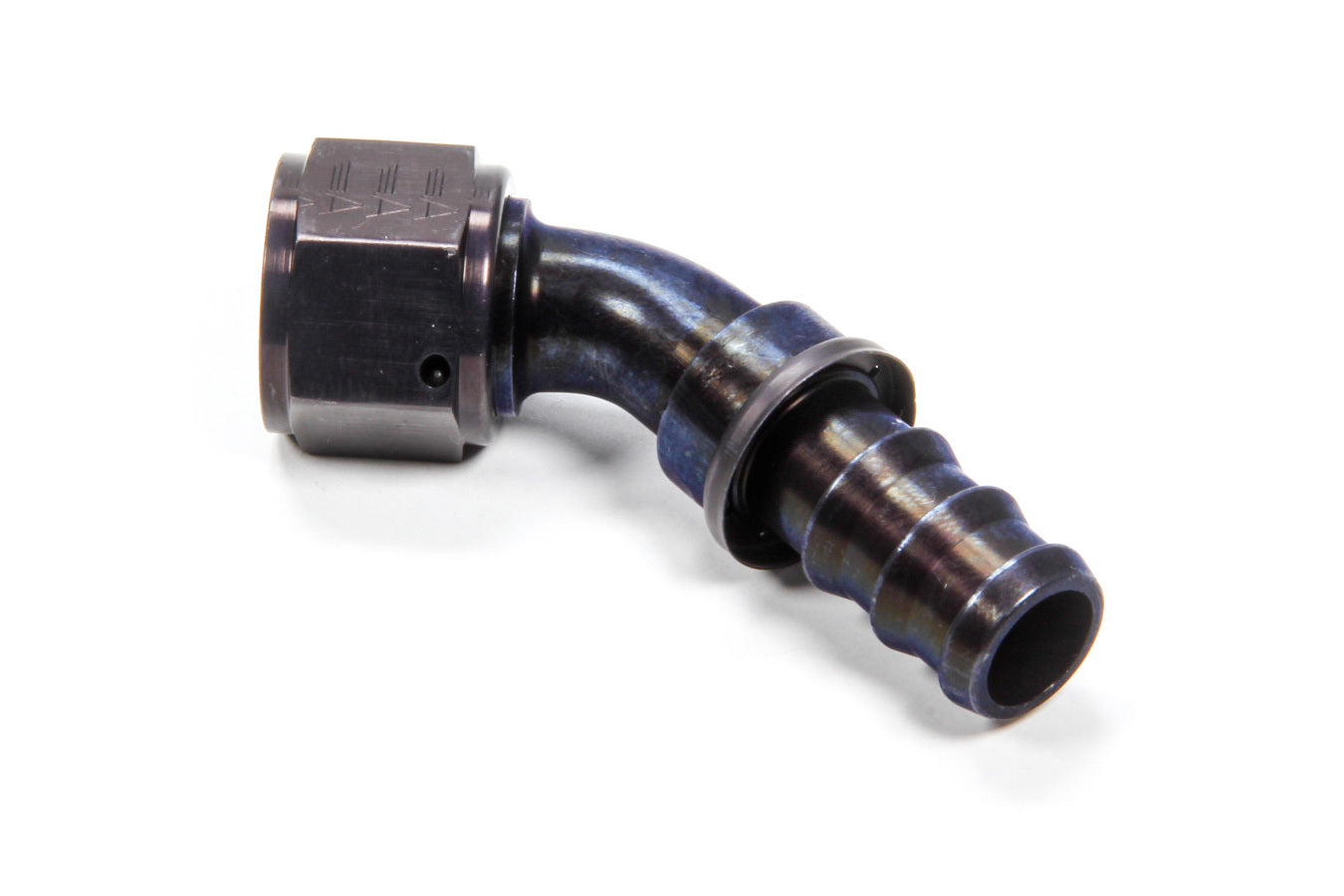 Fitting - Hose End - AQP Socketless - 45 Degree - 12 AN Hose Barb to 12 AN Female - Aluminum - Black Anodized - Each