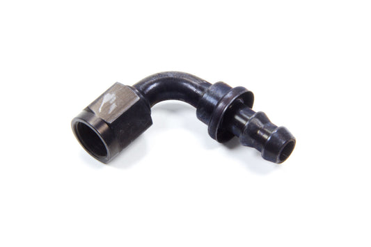 Fitting - Hose End - AQP Socketless - 90 Degree - 6 AN Hose Barb to 6 AN Female - Aluminum - Black Anodized - Each