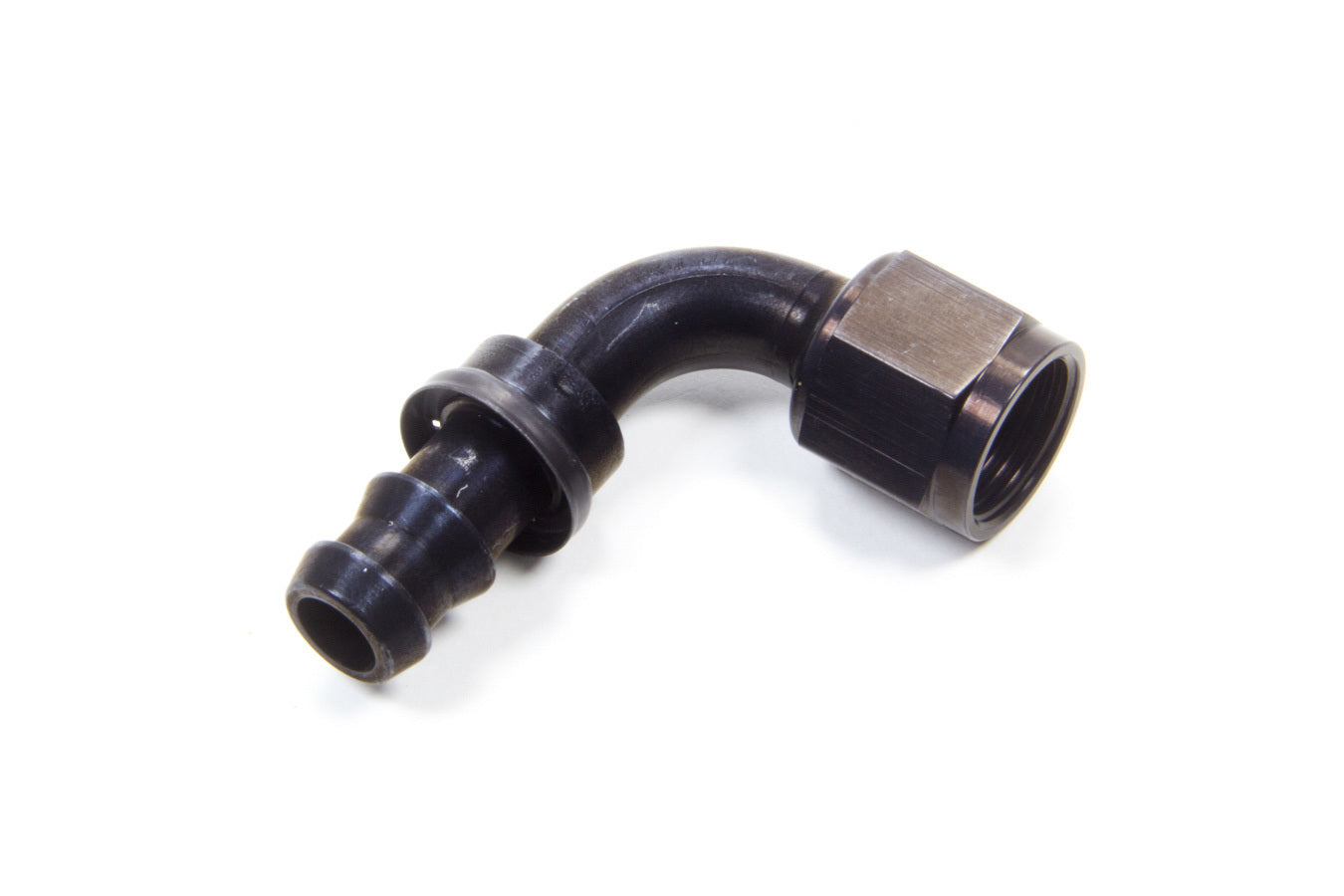 Fitting - Hose End - AQP Socketless - 90 Degree - 8 AN Hose Barb to 8 AN Female - Aluminum - Black Anodized - Each