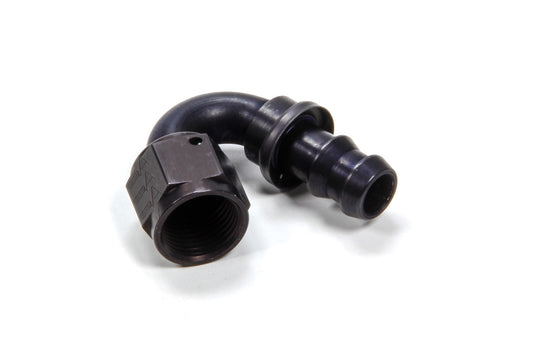 Fitting - Hose End - AQP Socketless - 150 Degree - 8 AN Hose Barb to 8 AN Female - Aluminum - Black Anodized - Each