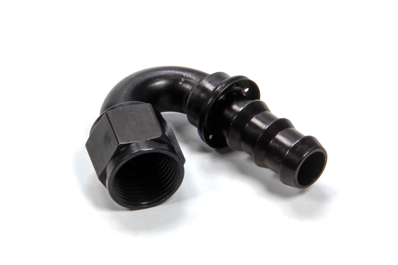 Fitting - Hose End - AQP Socketless - 150 Degree - 10 AN Hose Barb to 10 AN Female - Aluminum - Black Anodized - Each