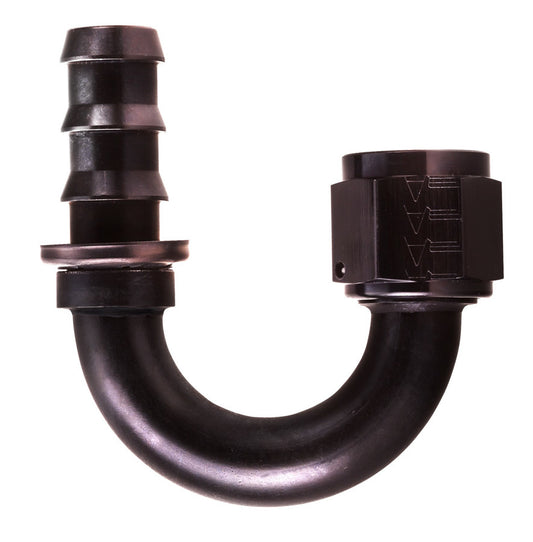 Fitting - Hose End - AQP Socketless - 180 Degree - 6 AN Hose Barb to 6 AN Female - Aluminum - Black Anodized - Each