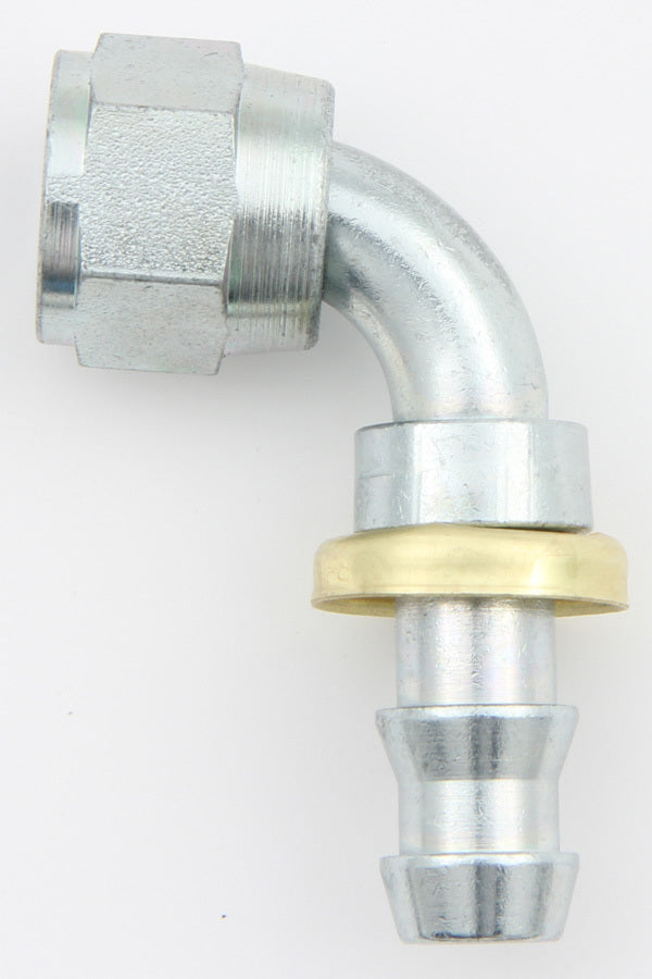 Fitting - Hose End - AQP Socketless - 90 Degree - 6 AN Hose Barb to 6 AN Female Swivel - Steel - Natural - Each