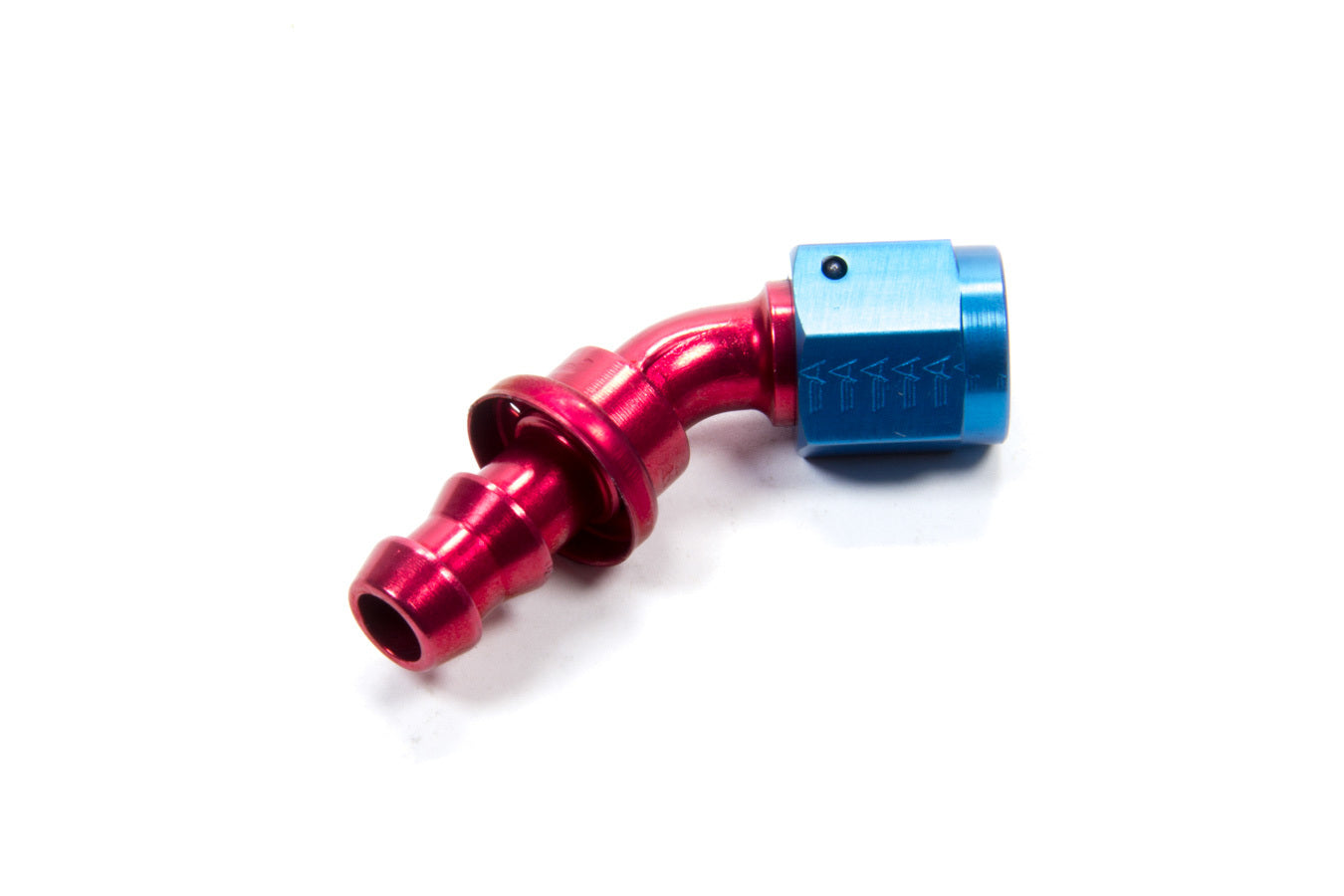 Fitting - Hose End - AQP Socketless - 45 Degree - 6 AN Hose Barb to 6 AN Female - Aluminum - Blue / Red Anodized - Each