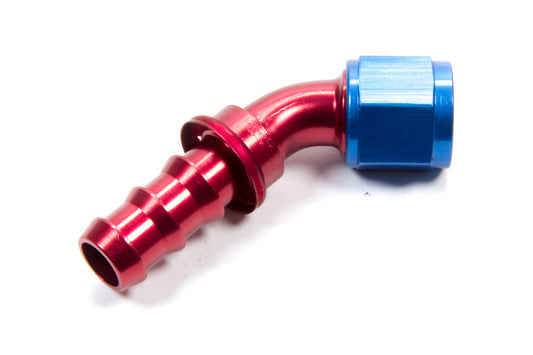 Fitting - Hose End - AQP Socketless - 45 Degree - 10 AN Hose Barb to 10 AN Female - Aluminum - Blue / Red Anodized - Each