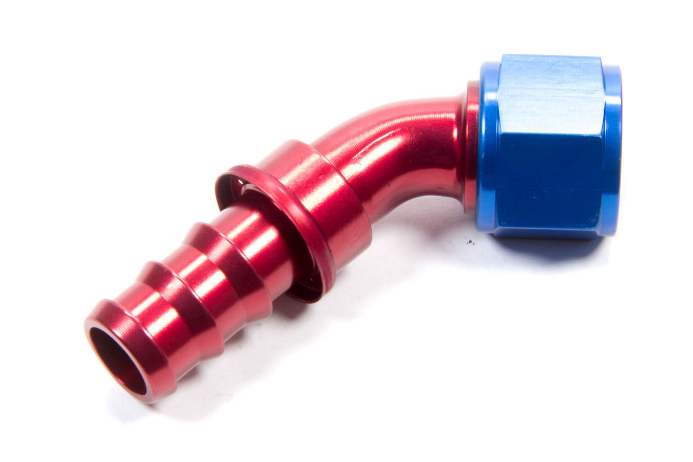 Fitting - Hose End - AQP Socketless - 45 Degree - 12 AN Hose Barb to 12 AN Female - Aluminum - Blue / Red Anodized - Each