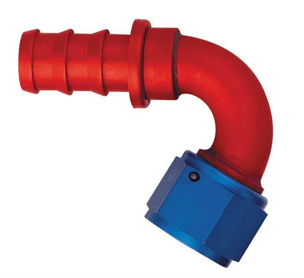 Fitting - Hose End - AQP Socketless - 120 Degree - 6 AN Hose Barb to 6 AN Female - Aluminum - Blue / Red Anodized - Each