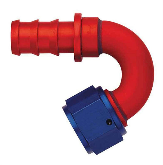 Fitting - Hose End - AQP Socketless - 150 Degree - 6 AN Hose Barb to 6 AN Female - Aluminum - Blue / Red Anodized - Each