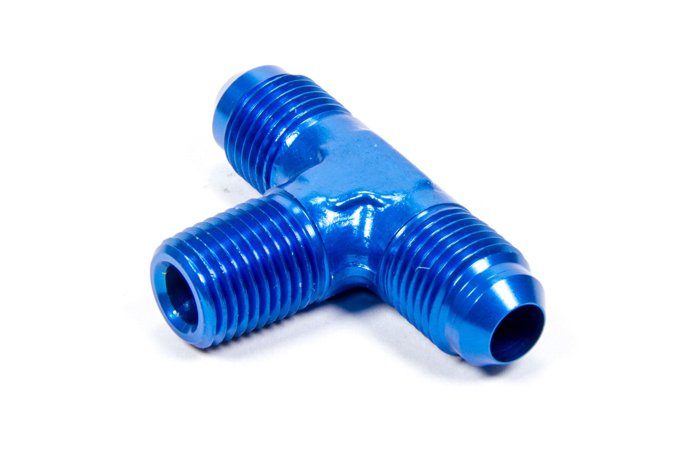 Fitting - Adapter Tee - 6 AN Male x 6 AN Male x 1/4 in NPT Male - Aluminum - Blue Anodized - Each