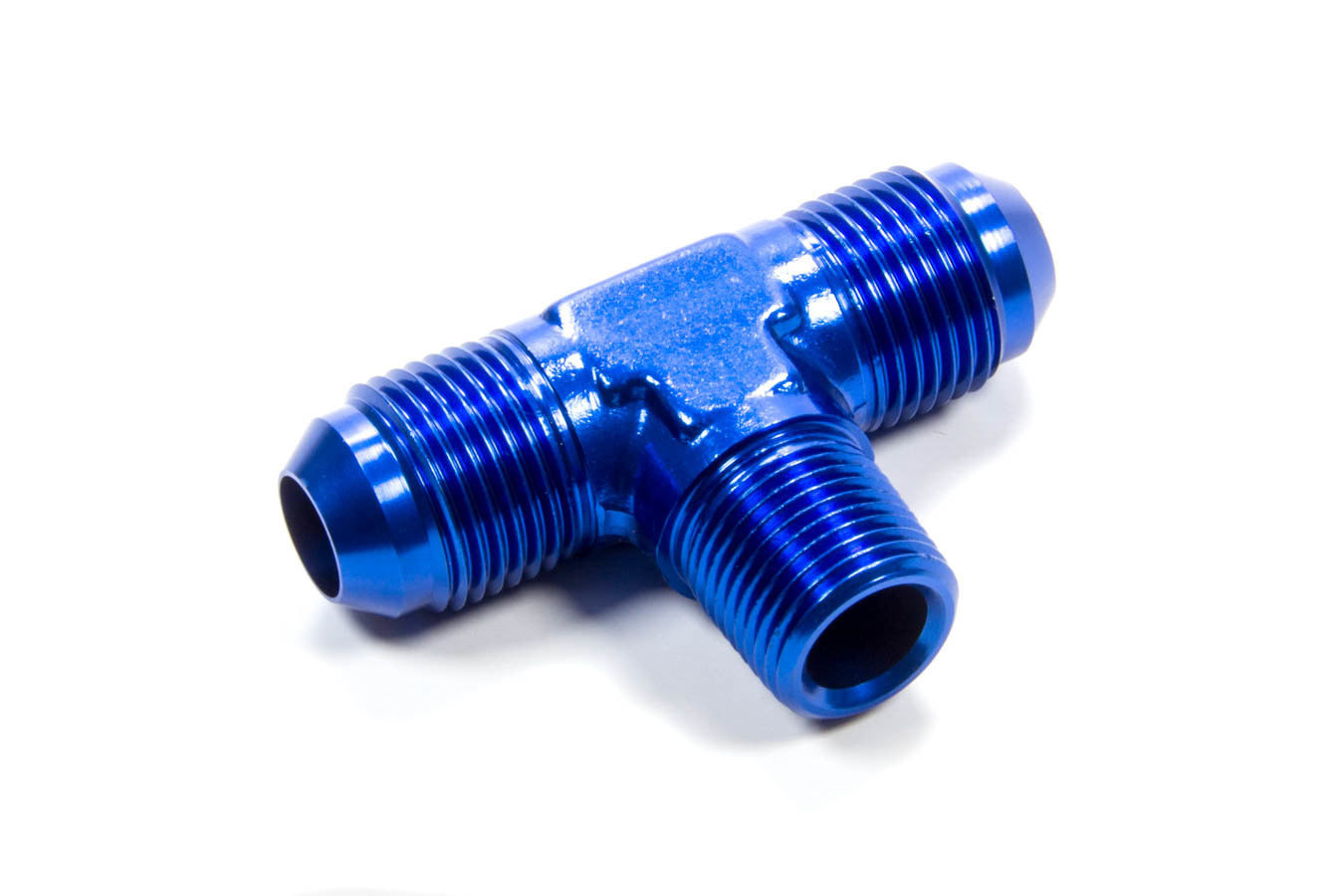 Fitting - Adapter Tee - 8 AN Male x 8 AN Male x 3/8 in NPT Male - Aluminum - Blue Anodized - Each