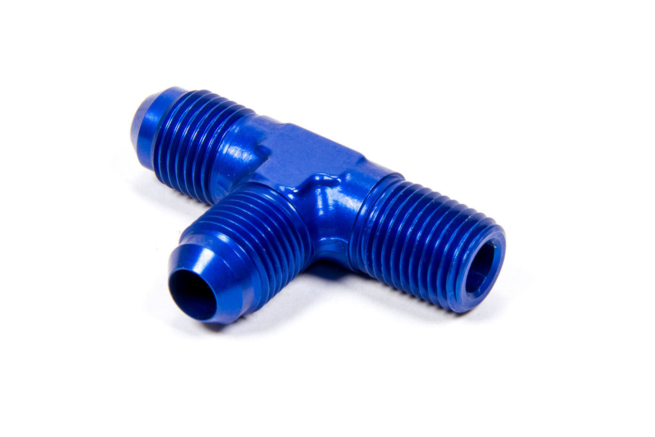 Fitting - Adapter Tee - 6 AN Male x 6 AN Male x 1/4 in NPT Male - Aluminum - Blue Anodized - Each