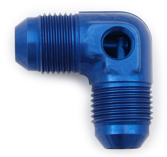 Fitting - Gauge Adapter - 90 Degree - 8 AN Male to 8 AN Male - 1/8 in NPT Gauge Port - Aluminum - Blue Anodized - Each