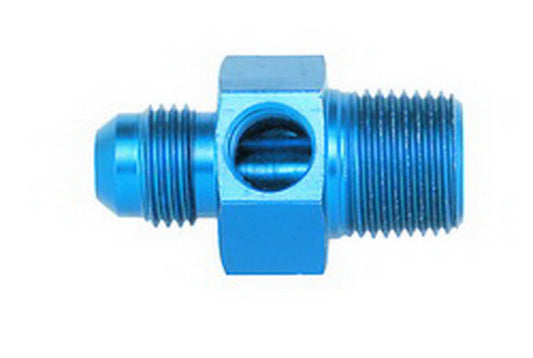 Fitting - Gauge Adapter - Straight - 6 AN Male to 1/4 in NPT Male - 1/8 in NPT Gauge Port - Aluminum - Blue Anodized - Each