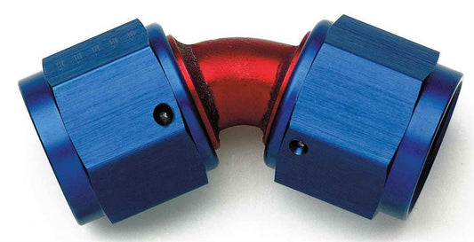 Fitting - Adapter - 45 Degree - 6 AN Female Swivel to 6 AN Female Swivel - Aluminum - Blue / Red Anodized - Each