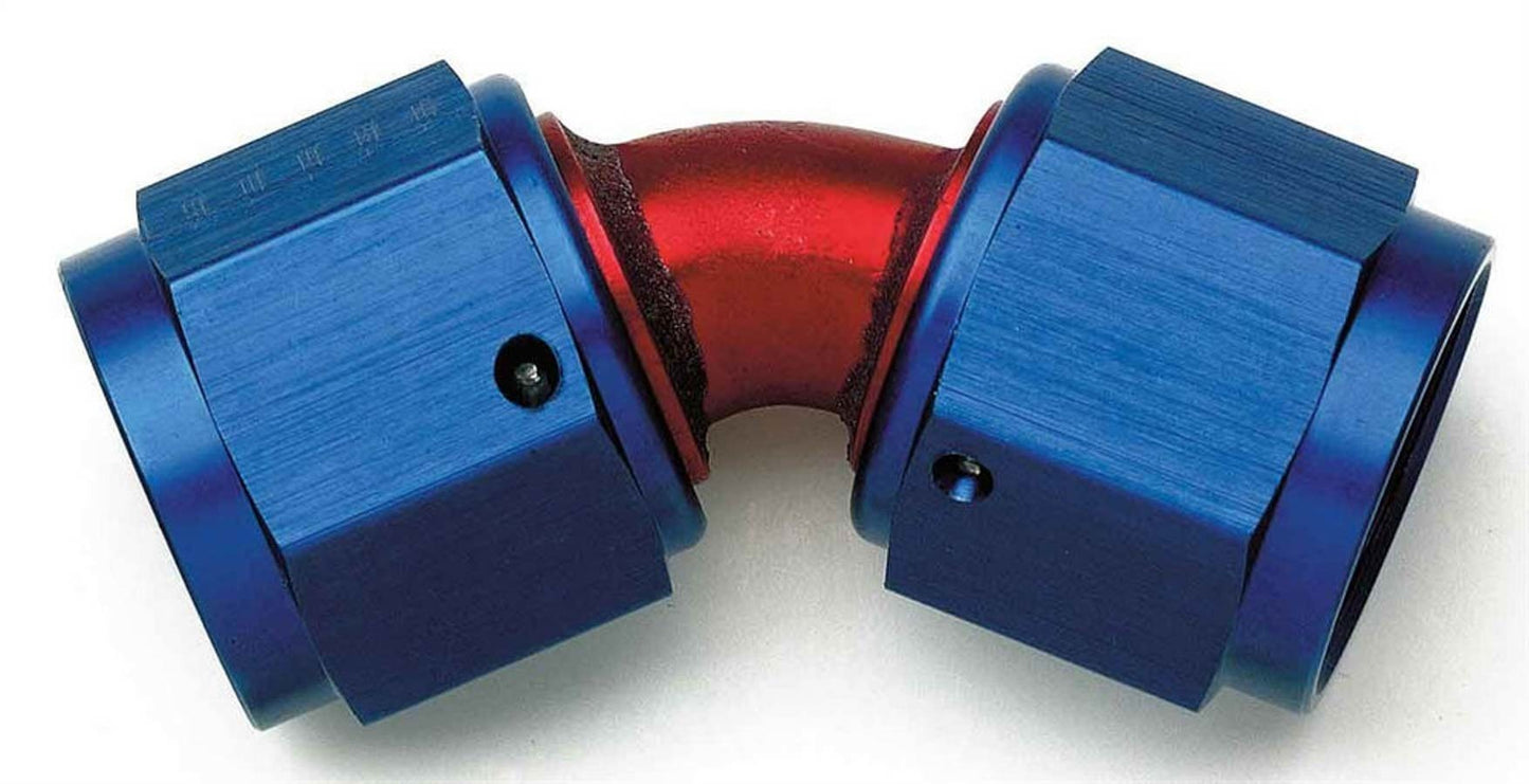 Fitting - Adapter - 45 Degree - 8 AN Female Swivel to 8 AN Female Swivel - Aluminum - Blue / Red Anodized - Each