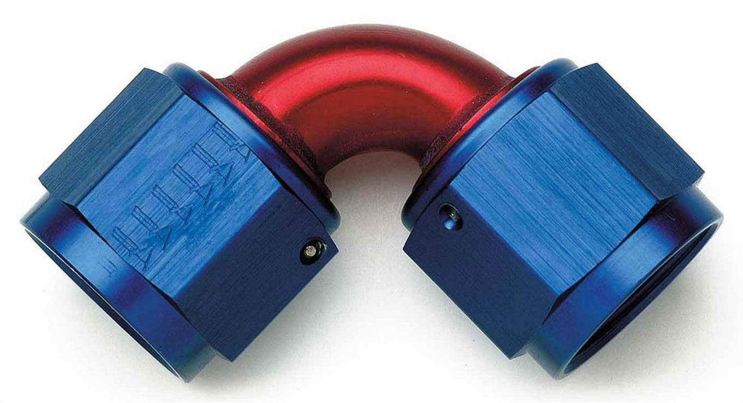 Fitting - Adapter - 90 Degree - 6 AN Female Swivel to 6 AN Female Swivel - Aluminum - Blue / Red Anodized - Each