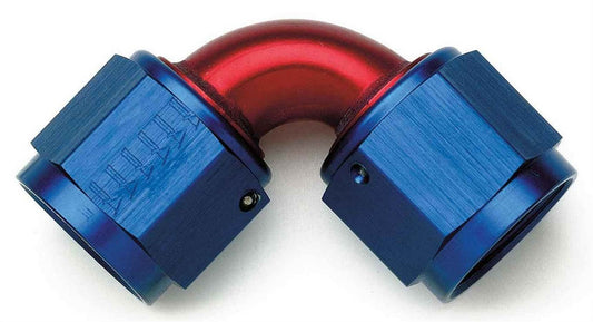 Fitting - Adapter - 90 Degree - 8 AN Female Swivel to 8 AN Female Swivel - Aluminum - Blue / Red Anodized - Each