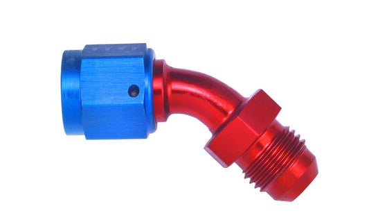 Fitting - Adapter - 45 Degree - 6 AN Female Swivel to 6 AN Male - Aluminum - Blue / Red Anodized - Each