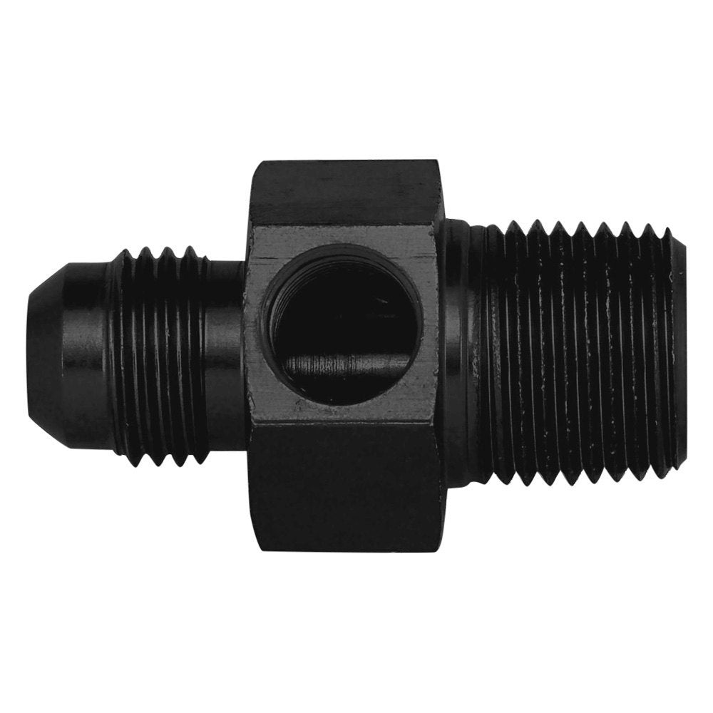 Fitting - Gauge Adapter - Straight - 6 AN Male to 3/8 in NPT Male - 1/8 in NPT Gauge Port - Aluminum - Black Anodized - Each