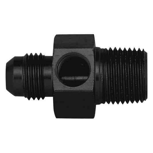 Fitting - Gauge Adapter - Straight - 6 AN Male to 3/8 in NPT Male - 1/8 in NPT Gauge Port - Aluminum - Black Anodized - Each