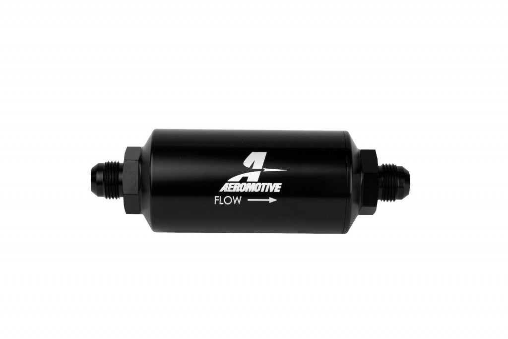 Fuel Filter - In-Line - 10 Micron - Microglass Element - 6 AN Male Inlet - 6 AN Male Outlet - Aluminum - Black Anodized - Each