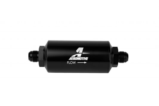 Fuel Filter - In-Line - 10 Micron - Microglass Element - 6 AN Male Inlet - 6 AN Male Outlet - Aluminum - Black Anodized - Each