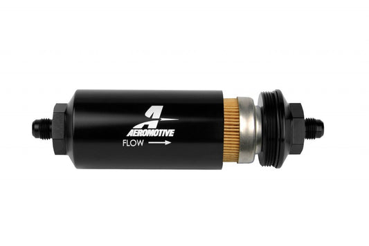 Fuel Filter - In-Line - 10 Micron - Cellulose Element - 6 AN Male Inlet - 6 AN Male Outlet - Aluminum - Black Anodized - Each