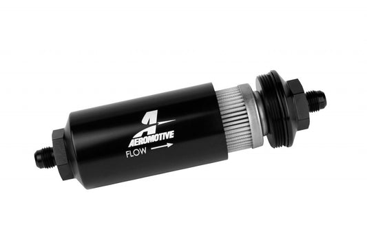 Fuel Filter - In-Line - 40 Micron - Stainless Element - 6 AN Male Inlet - 6 AN Male Outlet - Aluminum - Black Anodized - Each