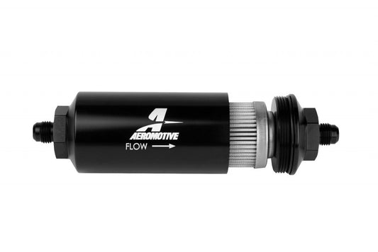 Fuel Filter - In-Line - 100 Micron - Stainless Element - 6 AN Male Inlet - 6 AN Male Outlet - Aluminum - Black Anodized - Each