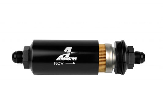 Fuel Filter - In-Line - 10 Micron - Cellulose Element - 8 AN Male Inlet - 8 AN Male Outlet - Aluminum - Black Anodized - Each