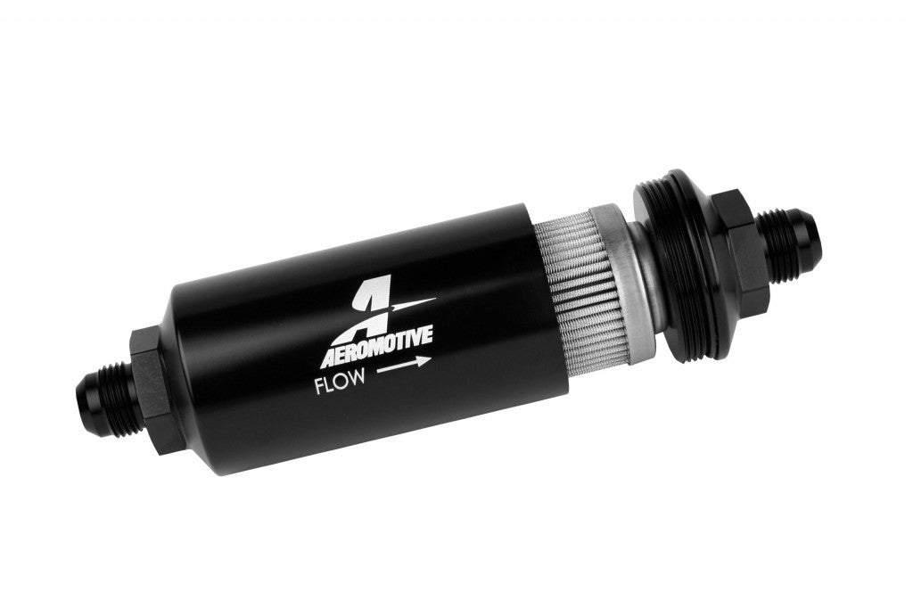 Fuel Filter - In-Line - 40 Micron - Stainless Element - 8 AN Male Inlet - 8 AN Male Outlet - Aluminum - Black Anodized - Each