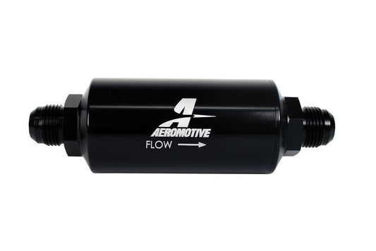 Fuel Filter - In-Line - 10 Micron - Cellulose Element - 10 AN Male Inlet - 10 AN Male Outlet - Aluminum - Black Anodized - Each