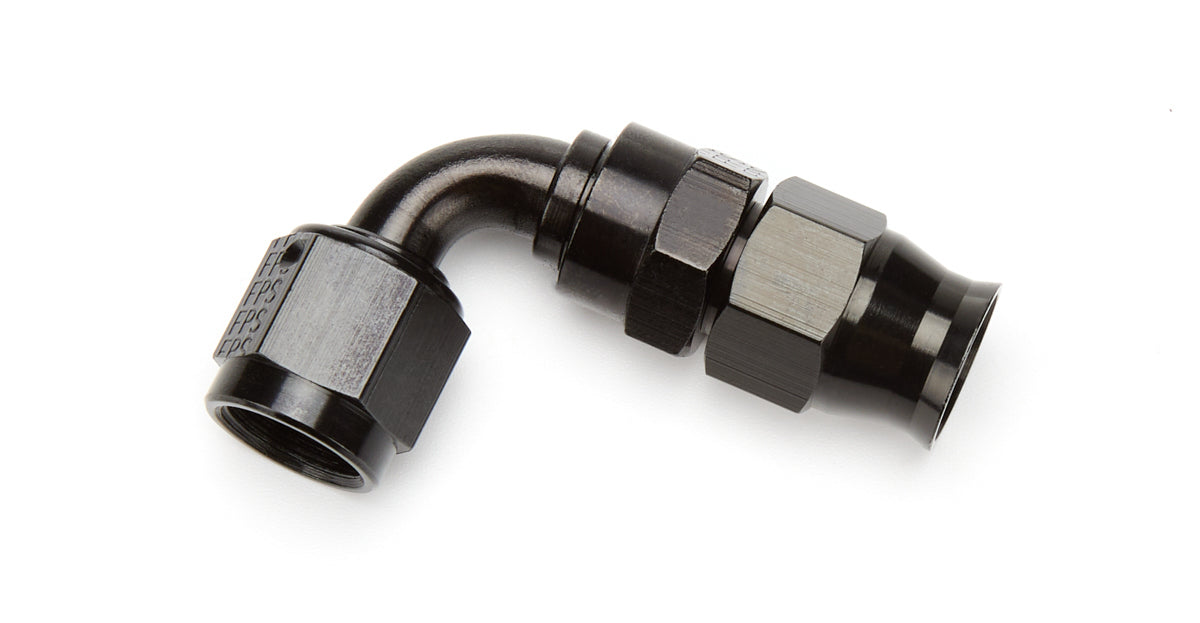 Fitting - Hose End - PTFE Racing Hose - 90 Degree - 6 AN Hose to 6 AN Female Swivel - Aluminum - Black Anodized - Each