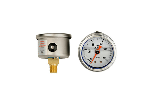 Fuel Pressure Gauge - 0-15 psi - Mechanical - Analog - Full Sweep - 1-1/2 in Diameter - 1/8 in NPT Port - White Face - Each