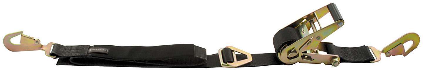 Ratchet Tie Down - 2 in Wide - 8 ft Long - 1660 lb Capacity - Twisted Snap Hooks - Built-in Axle Strap - Nylon Webbing - Black - Each