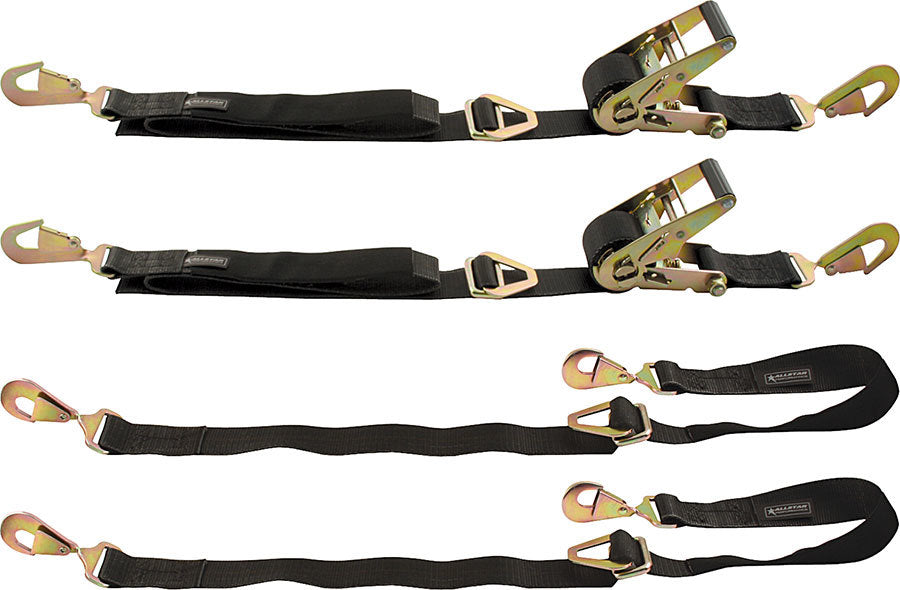 Ratchet Tie Down - 2 in Wide - 2 Tie Downs / Axle Straps - Twisted Snap Hooks - Nylon Webbing - Black - Kit