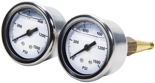 Brake Pressure Gauge - 0-1500 psi - Mechanical - Analog - Dual Gauges - Full Sweep - 1-1/2 in Diameter - 1/4-28 in Thread - White Face - Pair