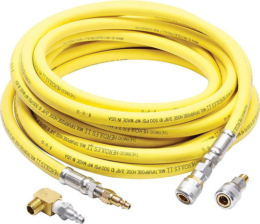 Air Hose - 0.375 in ID - 35 ft Long - 500 psi - Fittings Included - Rubber / Brass - Air Jacks - Each